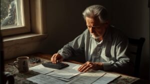 Aposentado analisa documentos e calculadora para calcular acúmulo de aposentadoria e pensão por morte do INSS