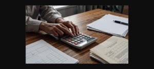 Mãos usando calculadora sobre documentos, representando o cálculo de contribuições e carência do INSS