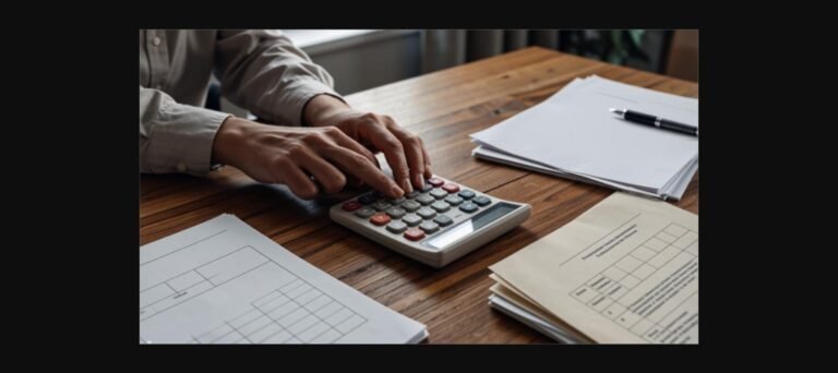 Mãos usando calculadora sobre documentos, representando o cálculo de contribuições e carência do INSS