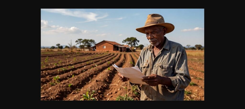 Trabalhador rural idoso analisando documentos em uma plantação, representando a aposentadoria rural do INSS