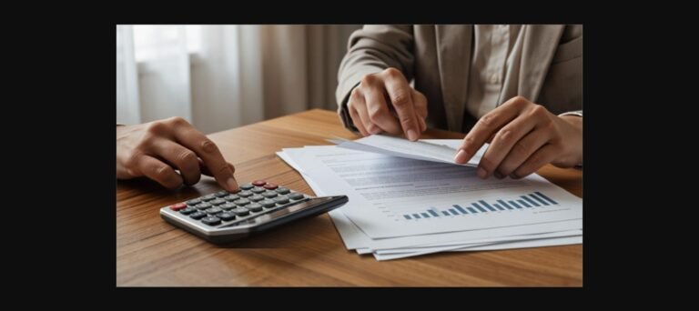 M&atilde;os calculando descontos de empr&eacute;stimo consignado sobre documentos financeiros, ilustrando a margem consign&aacute;vel do INSS em 2026