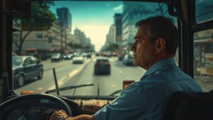 Motorista de ônibus ao volante no trânsito da cidade — aposentadoria especial do motorista e do caminhoneiro