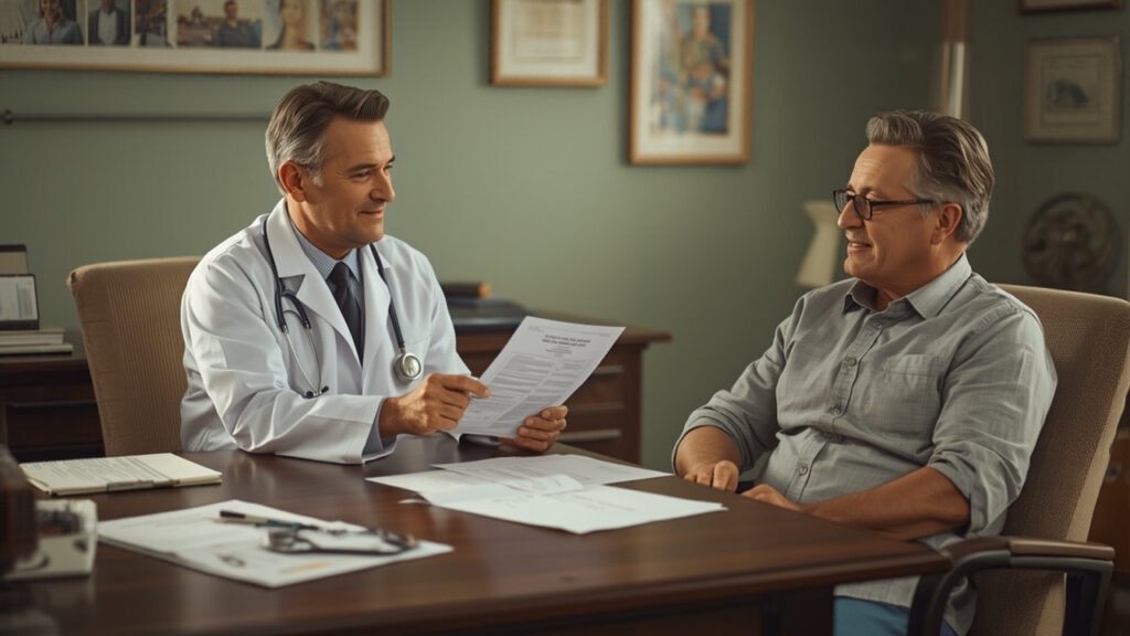 Médico entregando atestado médico a paciente em consultório, ilustrando o Atestmed e o auxílio-doença