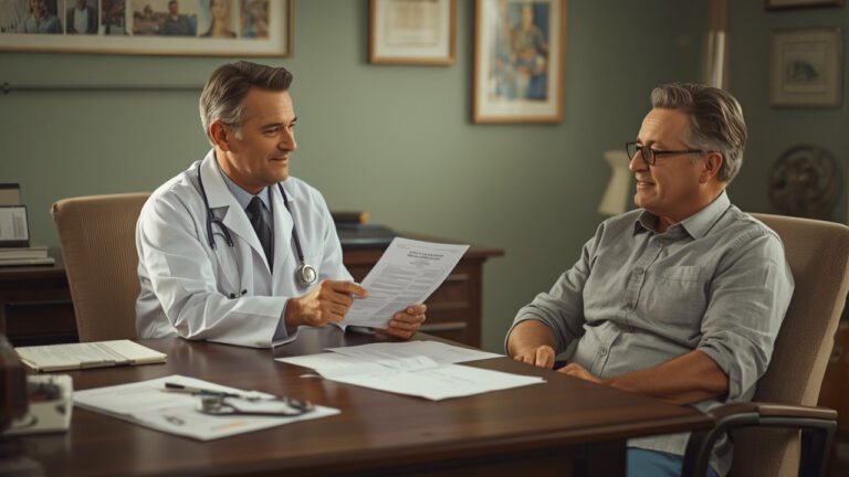 M&eacute;dico entregando atestado m&eacute;dico a paciente em consult&oacute;rio, ilustrando o Atestmed e o aux&iacute;lio-doen&ccedil;a