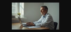 Médico realiza atendimento por telemedicina em consultório, representando a redução da fila de perícias do INSS