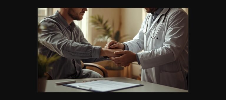 M&eacute;dico avaliando paciente em consult&oacute;rio, simbolizando a per&iacute;cia de retorno ao trabalho no limbo previdenci&aacute;rio