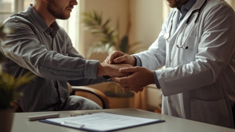 M&eacute;dico avaliando paciente em consult&oacute;rio, simbolizando a per&iacute;cia de retorno ao trabalho no limbo previdenci&aacute;rio
