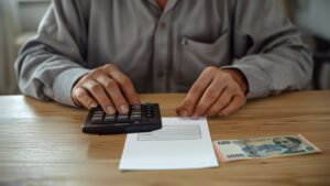 Idoso calculando valores de aposentadoria e piso do INSS em calculadora