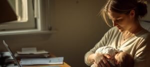 Mãe autônoma segurando o bebê recém-nascido enquanto revisa documentos do salário-maternidade do INSS