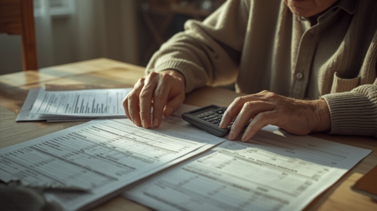 Idoso aposentado usando calculadora para conferir margem consign&aacute;vel e contrato de empr&eacute;stimo do INSS
