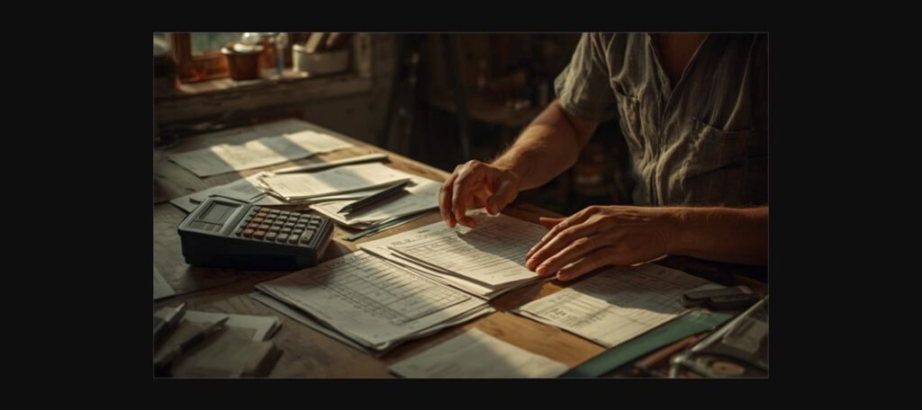 Autônomo conferindo documentos e usando calculadora para planejar a aposentadoria do MEI