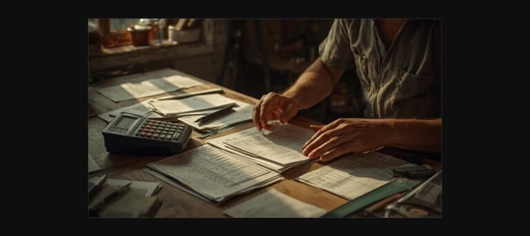 Aut&ocirc;nomo conferindo documentos e usando calculadora para planejar a aposentadoria do MEI