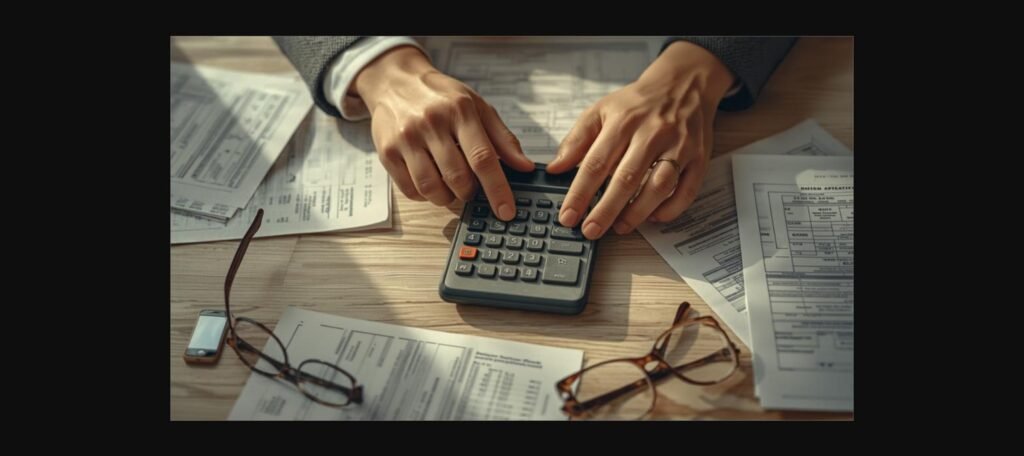 Mãos usando uma calculadora sobre documentos para calcular o valor da aposentadoria do INSS