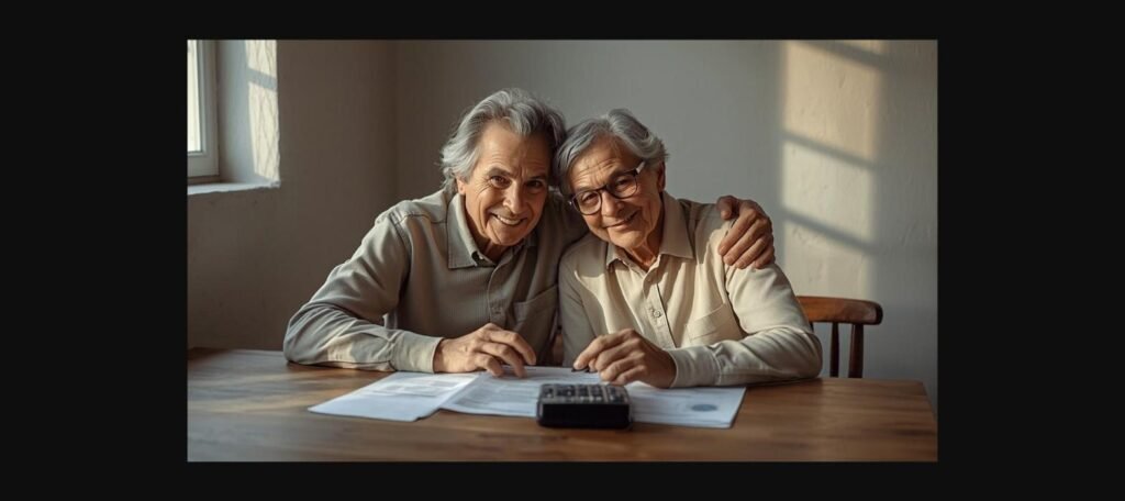 Casal de idosos analisando documentos e calculadora para planejar a aposentadoria pelas regras de transição