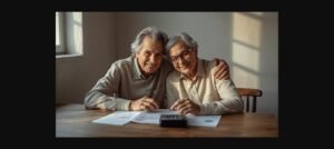 Casal de idosos analisando documentos e calculadora para planejar a aposentadoria pelas regras de transição