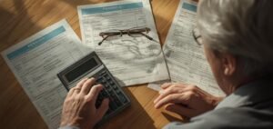Aposentado analisando documentos do INSS com calculadora para conferir a revisão do teto da Previdência