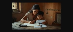 Mãe e filho analisando documentos e calculadora sobre salário-família 2026 e auxílio por filho do INSS